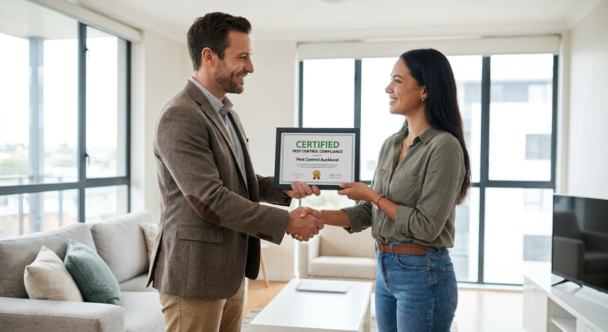 Tenant handing over pest control certificate to an Auckland landlord
