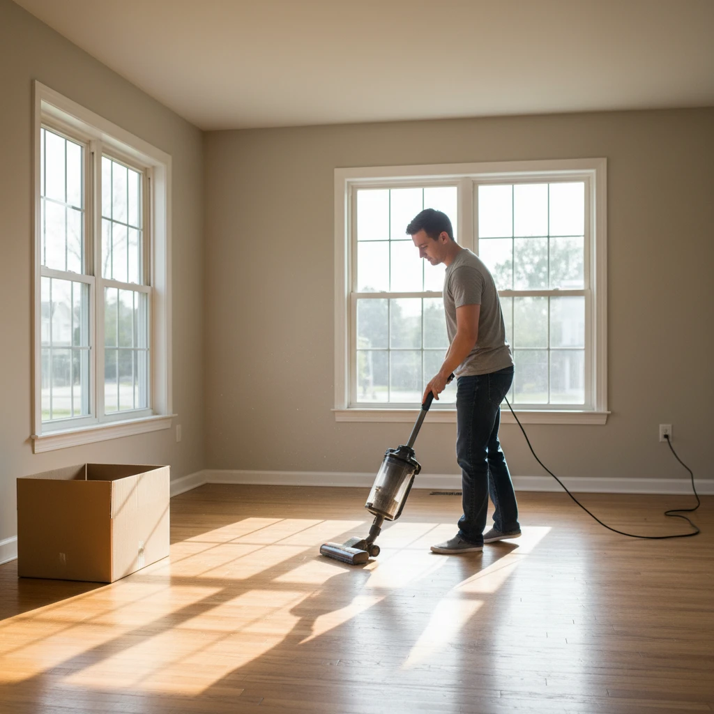 Tenant vacuuming empty rental property before flea treatment