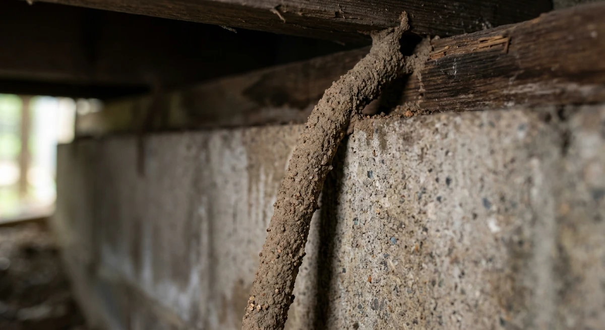 Termite mud tube extending up a concrete foundation into timber framing