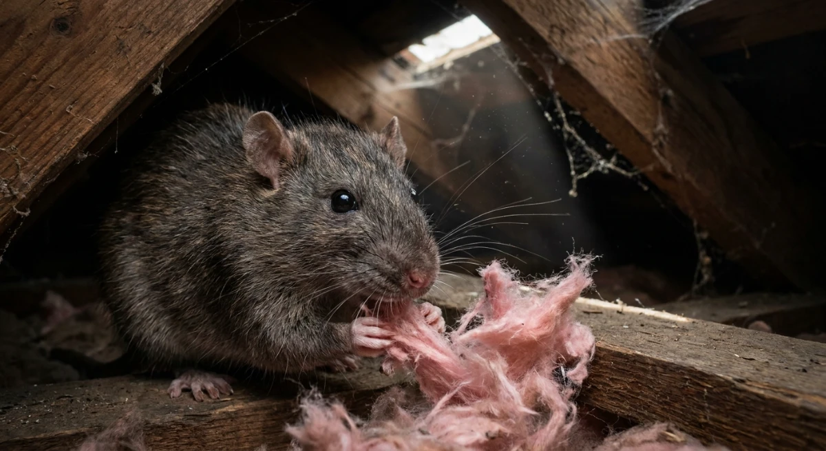 Urban rat chewing through roof cavity insulation in Auckland