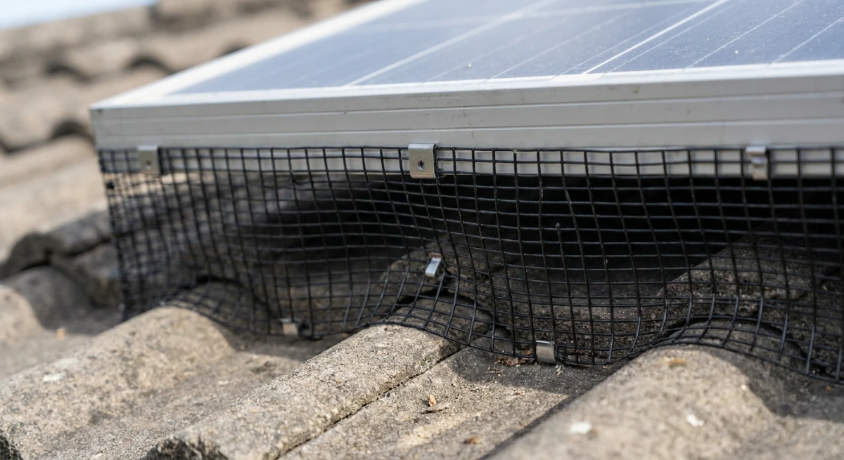 UV-stabilised exclusion mesh installed on a solar panel to prevent bird nesting