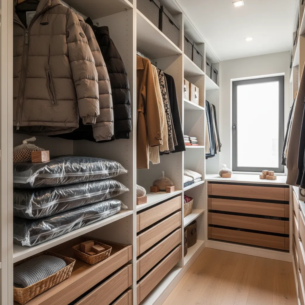 Vacuum sealed clothes and cedar blocks in wardrobe