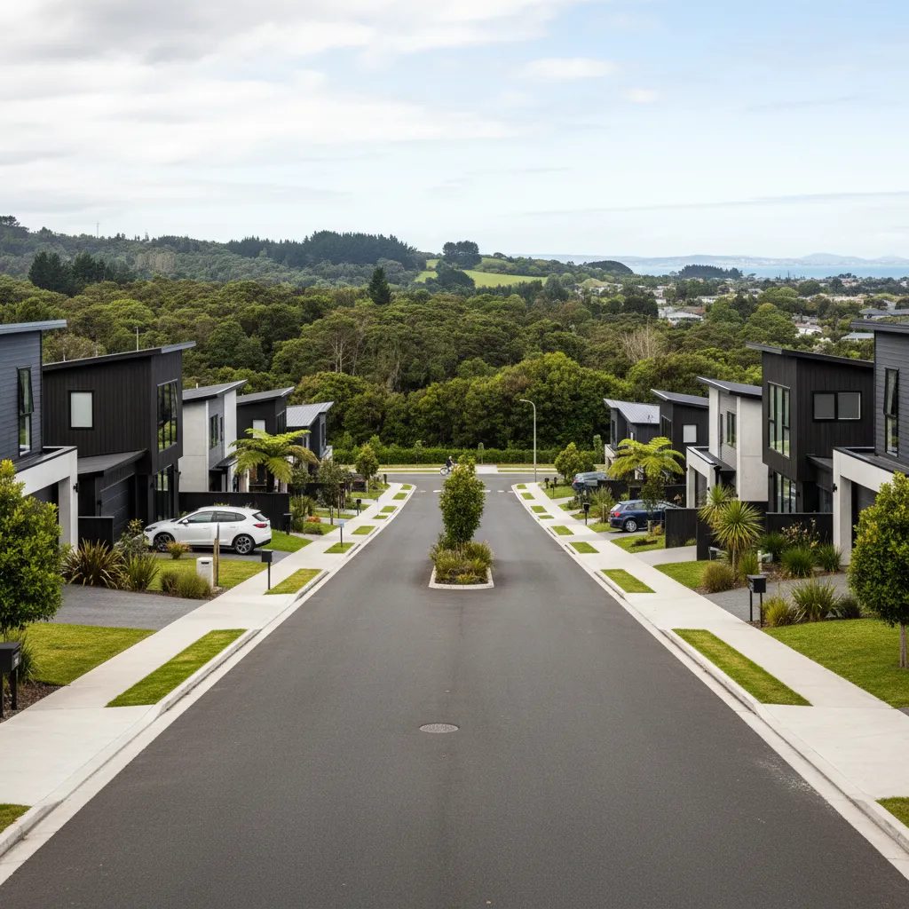 West Auckland suburban street with native bush