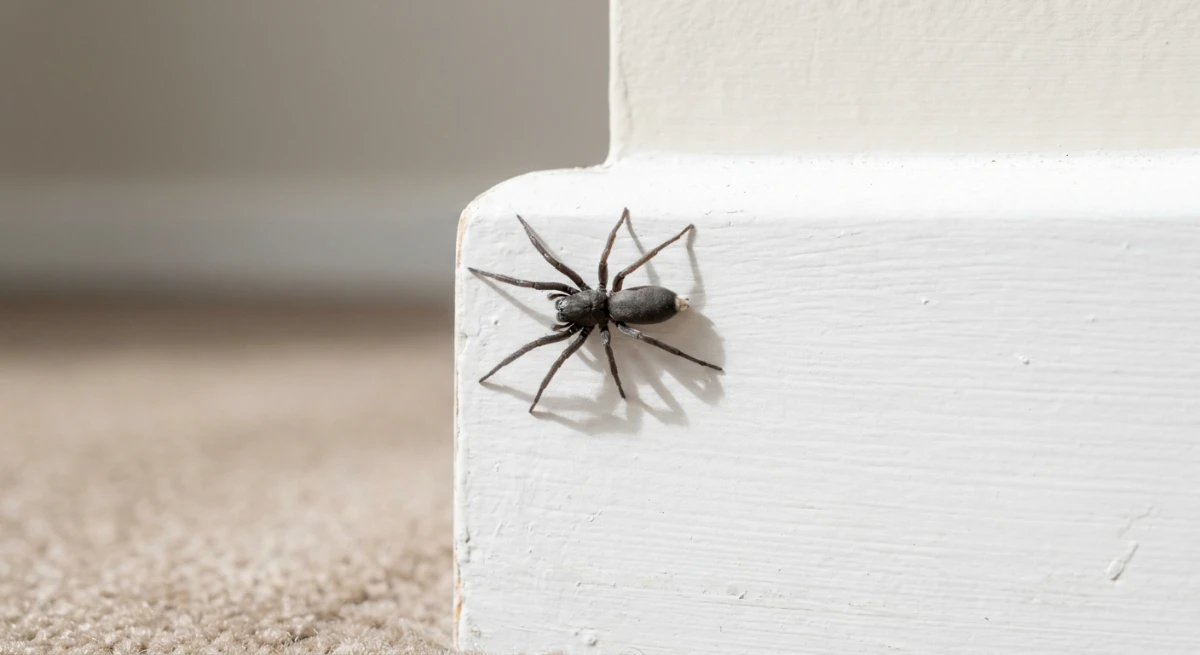 White-Tailed Spider on a skirting board in an Auckland home