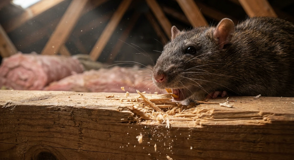 A rat damaging roof timber, highlighting the need to hire an Auckland fumigation service