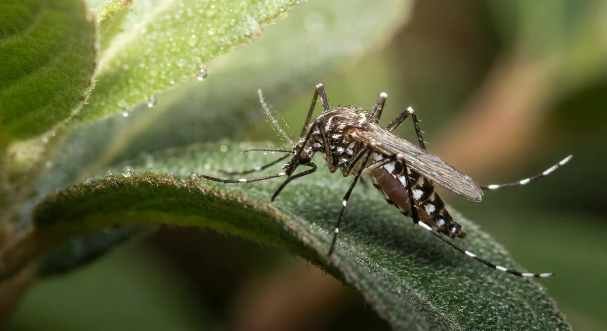 Adult striped mosquito resting on a leaf