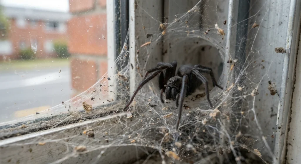 Black House Spider web in a commercial window frame on the North Shore