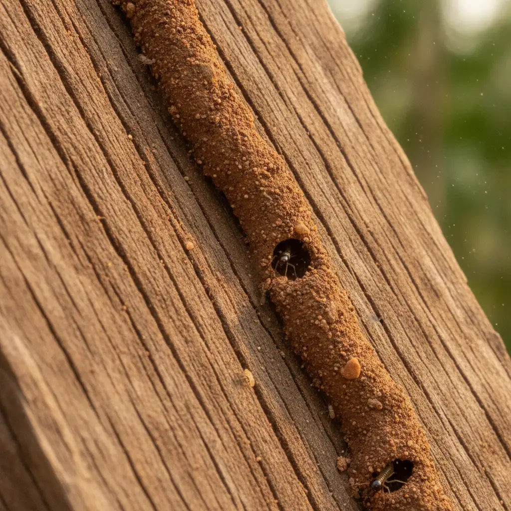 Close-up macro photograph of a termite mud tube on a structural wooden beam showing physical pest evidence