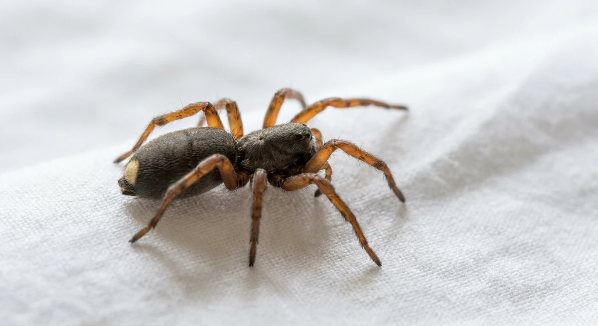 Close up macro photograph of a White Tail spider resting on white bed sheets in an Auckland home