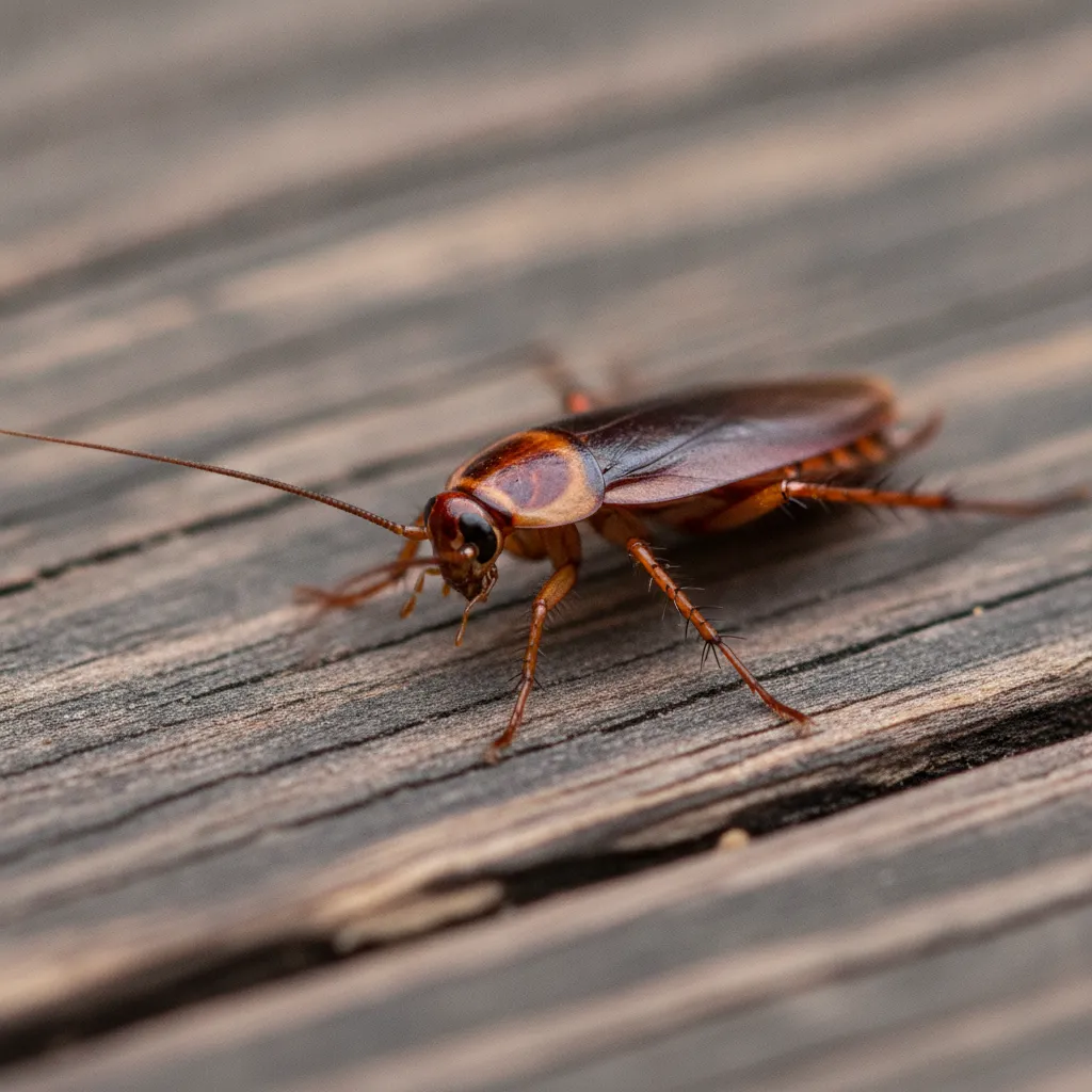 Close-up macro view of a German cockroach on a wooden surface highlighting its anatomy
