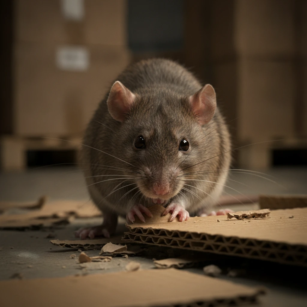 Close-up of a brown rat causing structural and packaging damage by gnawing on cardboard in a logistics warehouse