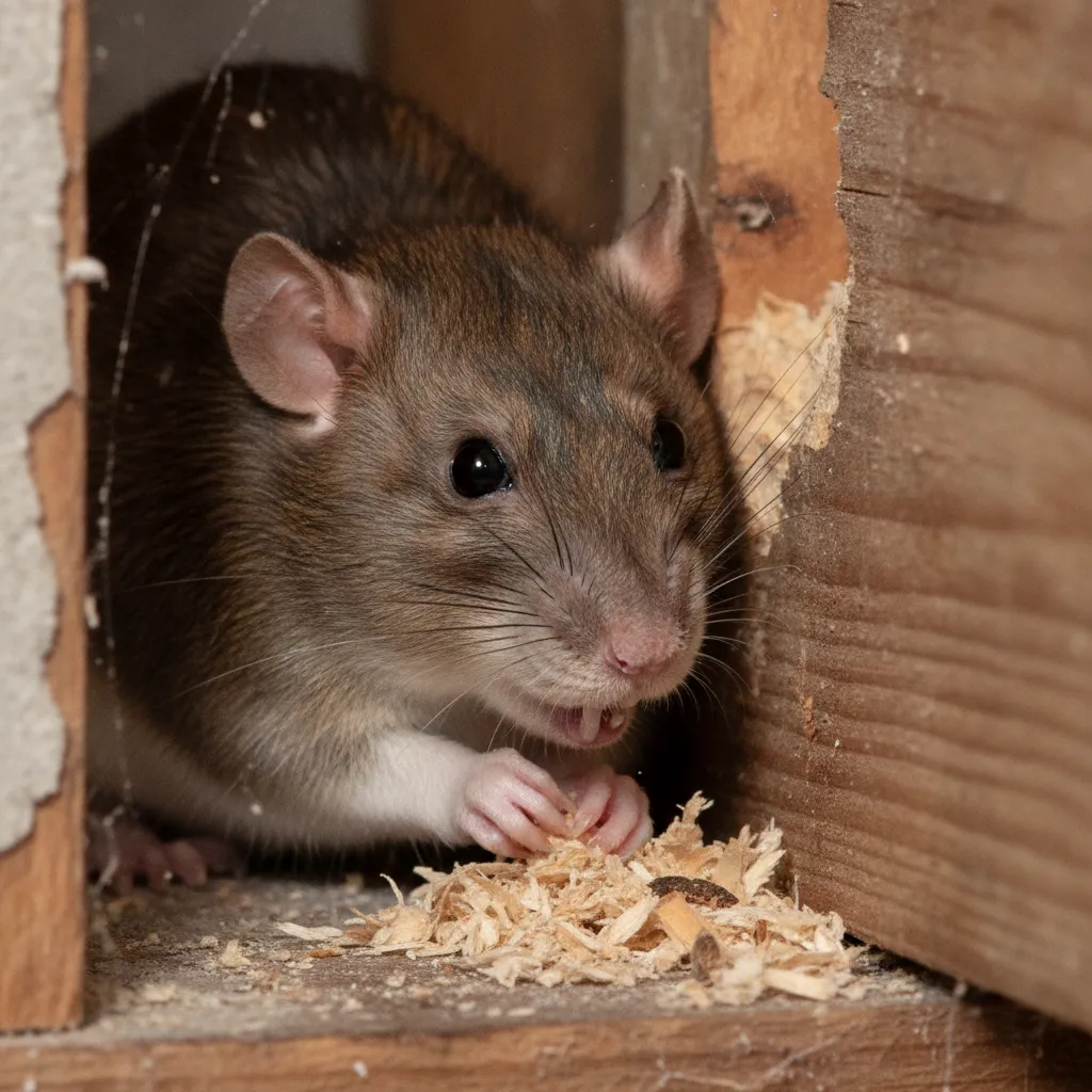 Close-up of a brown rat causing structural damage by gnawing on wood inside a residential wall
