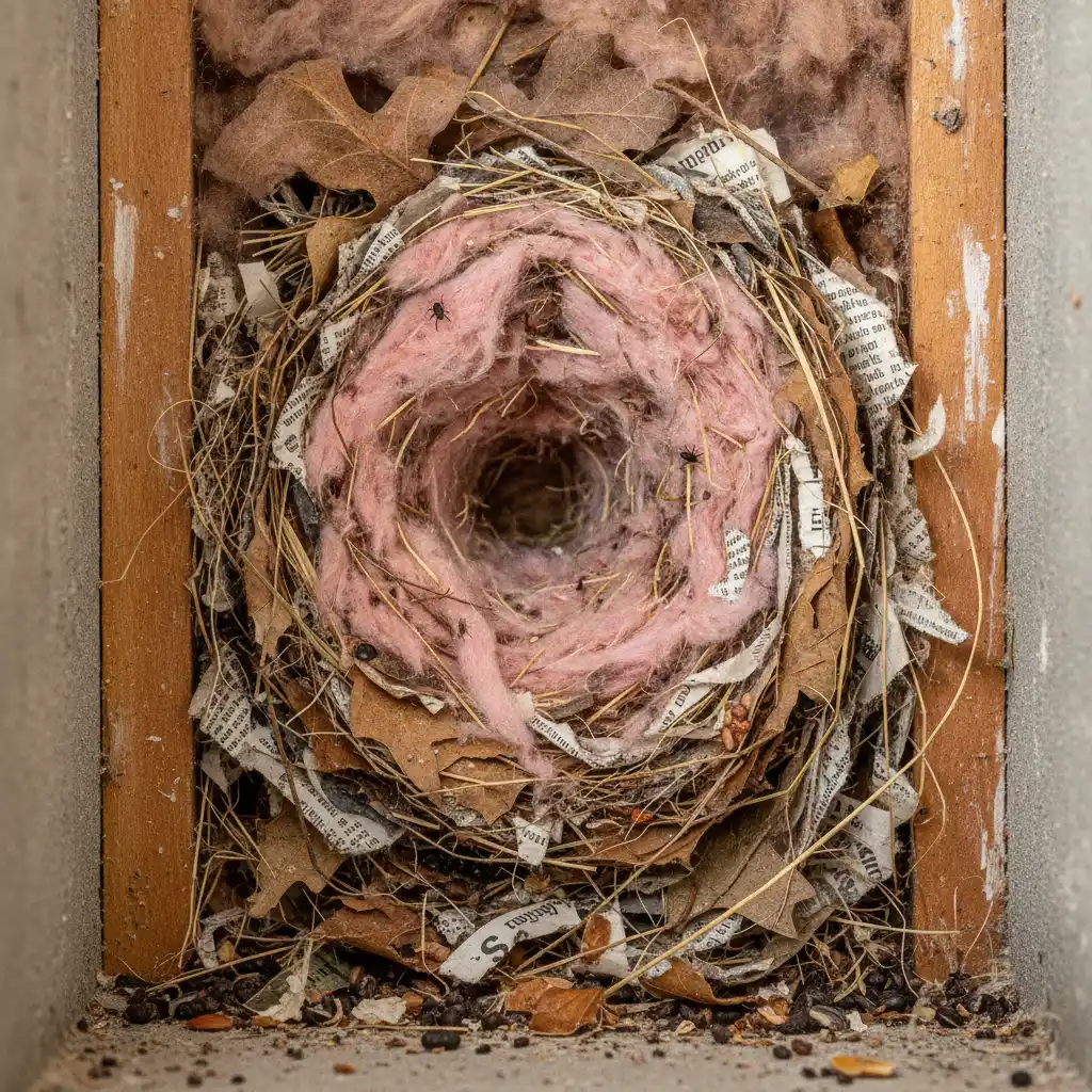 Close-up of a dense mouse nest constructed from shredded insulation and natural debris