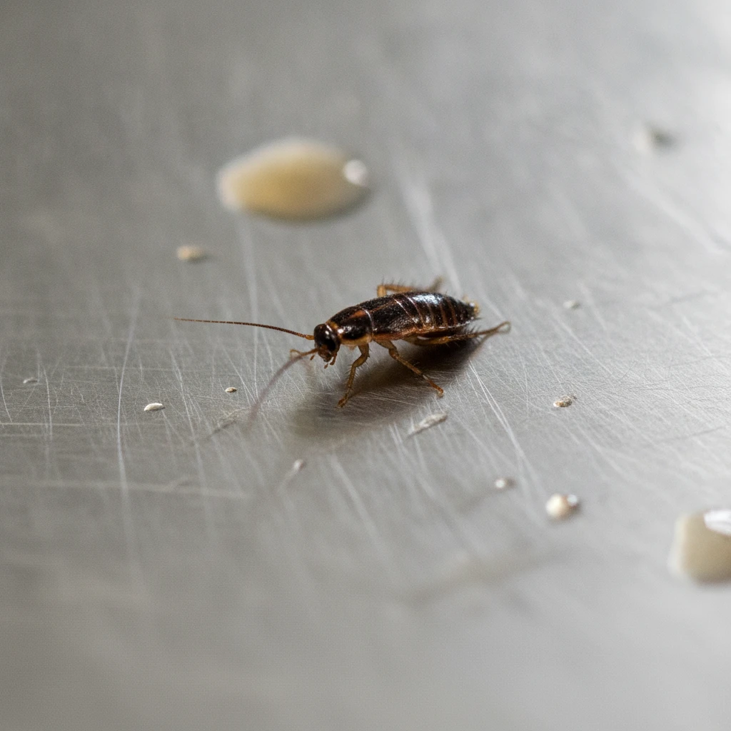 Close-up of a German cockroach on a stainless steel commercial kitchen surface