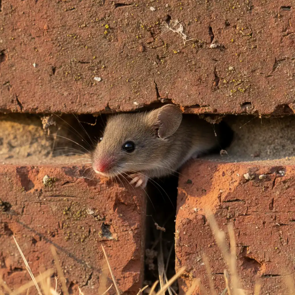Close-up of a house mouse squeezing through a small gap in a brick wall