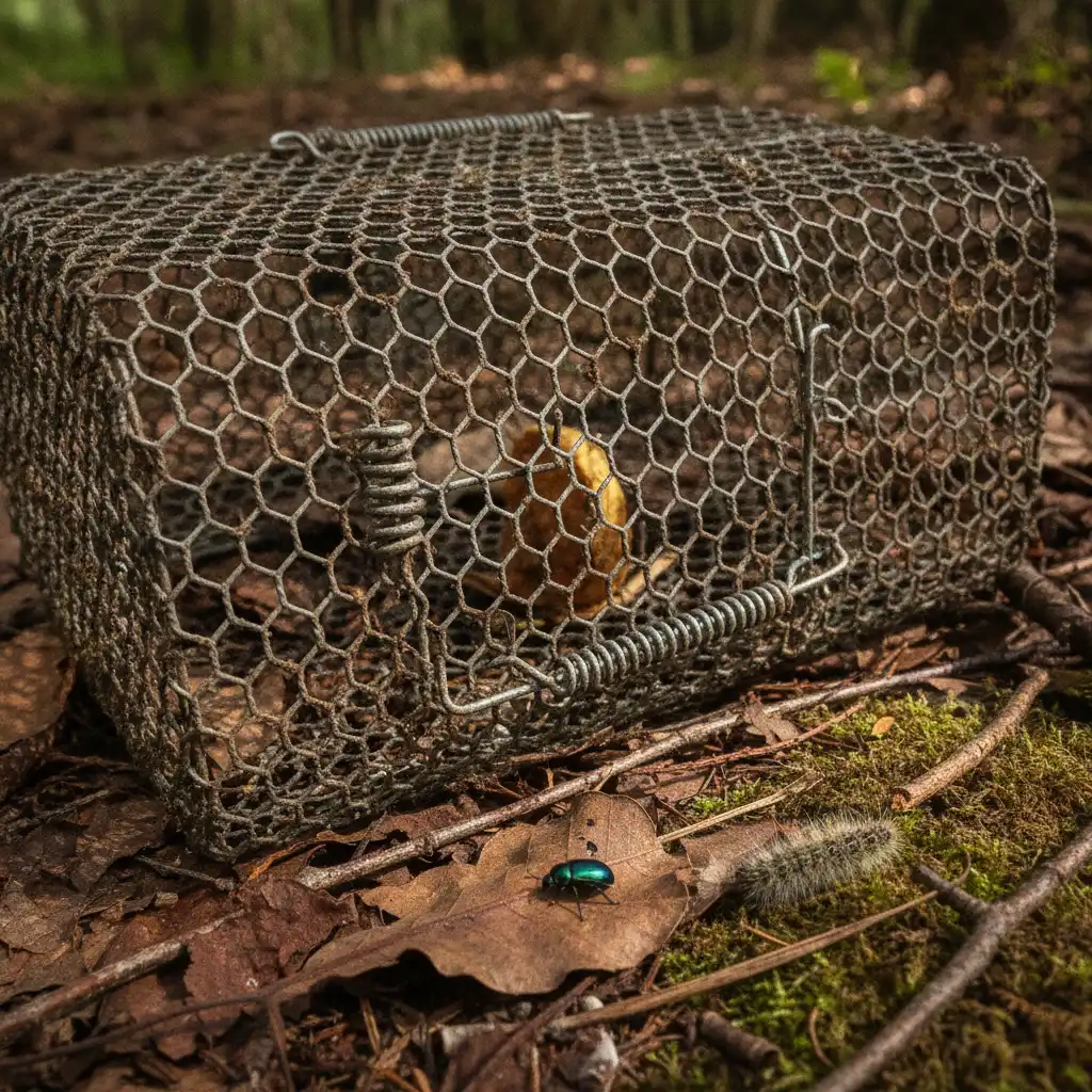 Close up of a humane wire wildlife trap on a forest floor