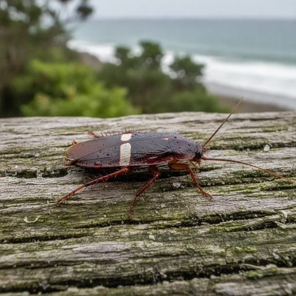 Close-up of a native Gisborne cockroach on coastal timber