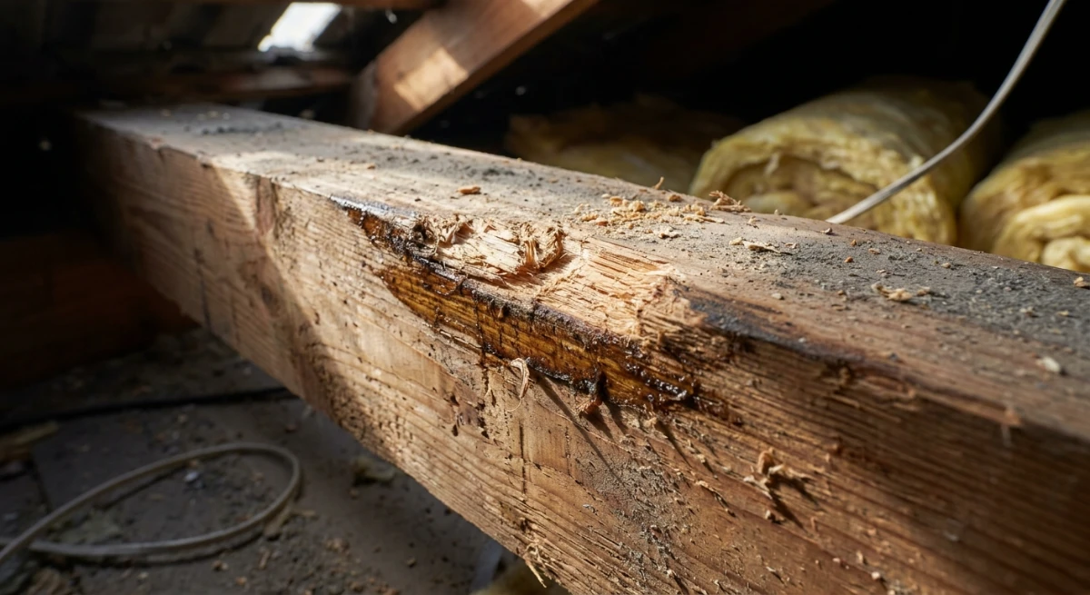 Close up of a rat entry point and gnawed timber in a roof cavity