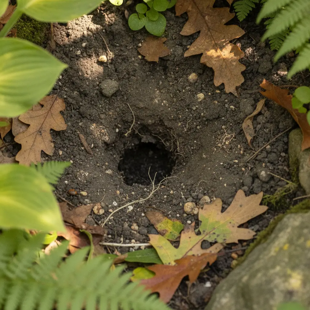 Close-up of a rodent burrow in an outdoor garden yard