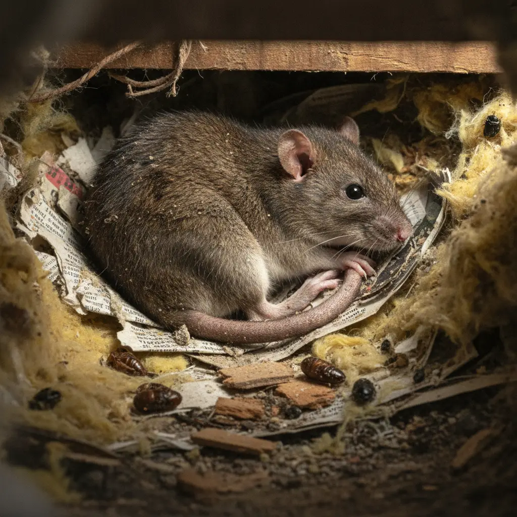 Close up of a roof rat nesting in chewed insulation within a residential subfloor