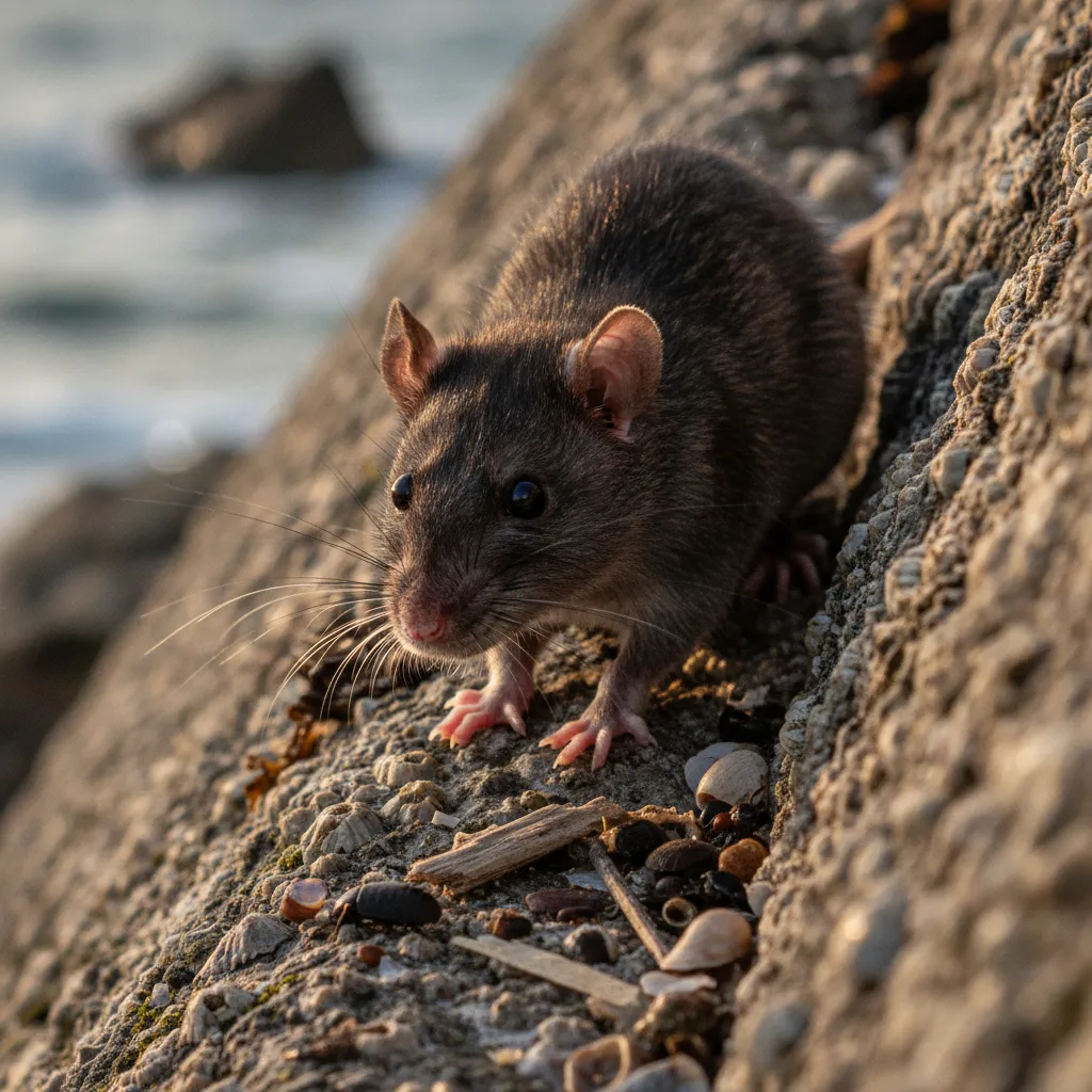 Close-up of a Ship Rat foraging near a coastal rock wall
