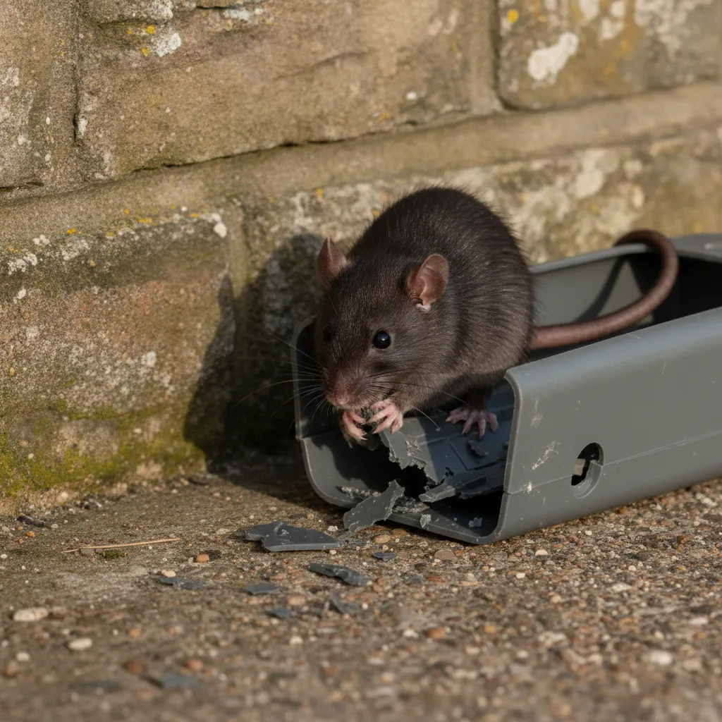 Close-up of a Ship rat interacting with an exterior bait station