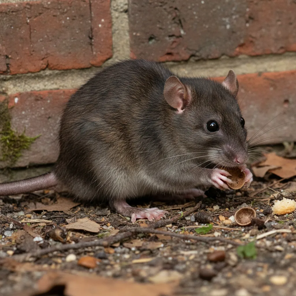 Close-up of a ship rat near a residential brick foundation
