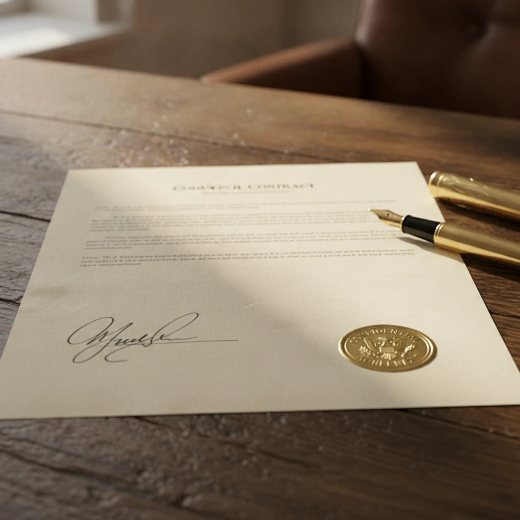 Close up of a signed commercial contract and compliance report