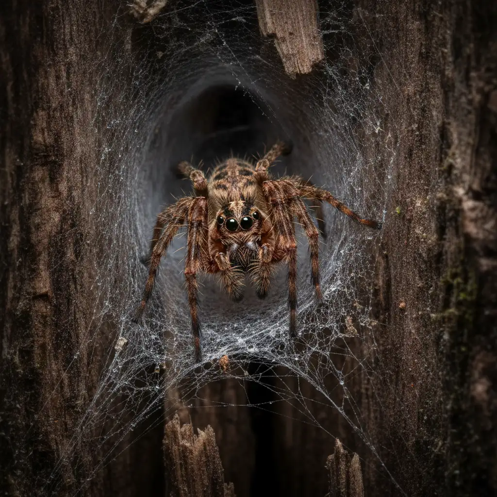 Close-up of a spider building a web in a dark structural crevice