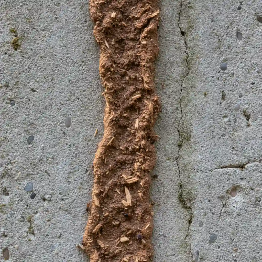 Close-up of a termite mud tube on a concrete foundation wall demonstrating the need for exterior pest control