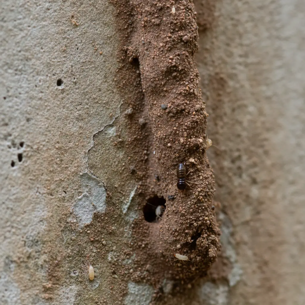 Close-up of a termite mud tube on a concrete foundation wall indicating severe pest activity