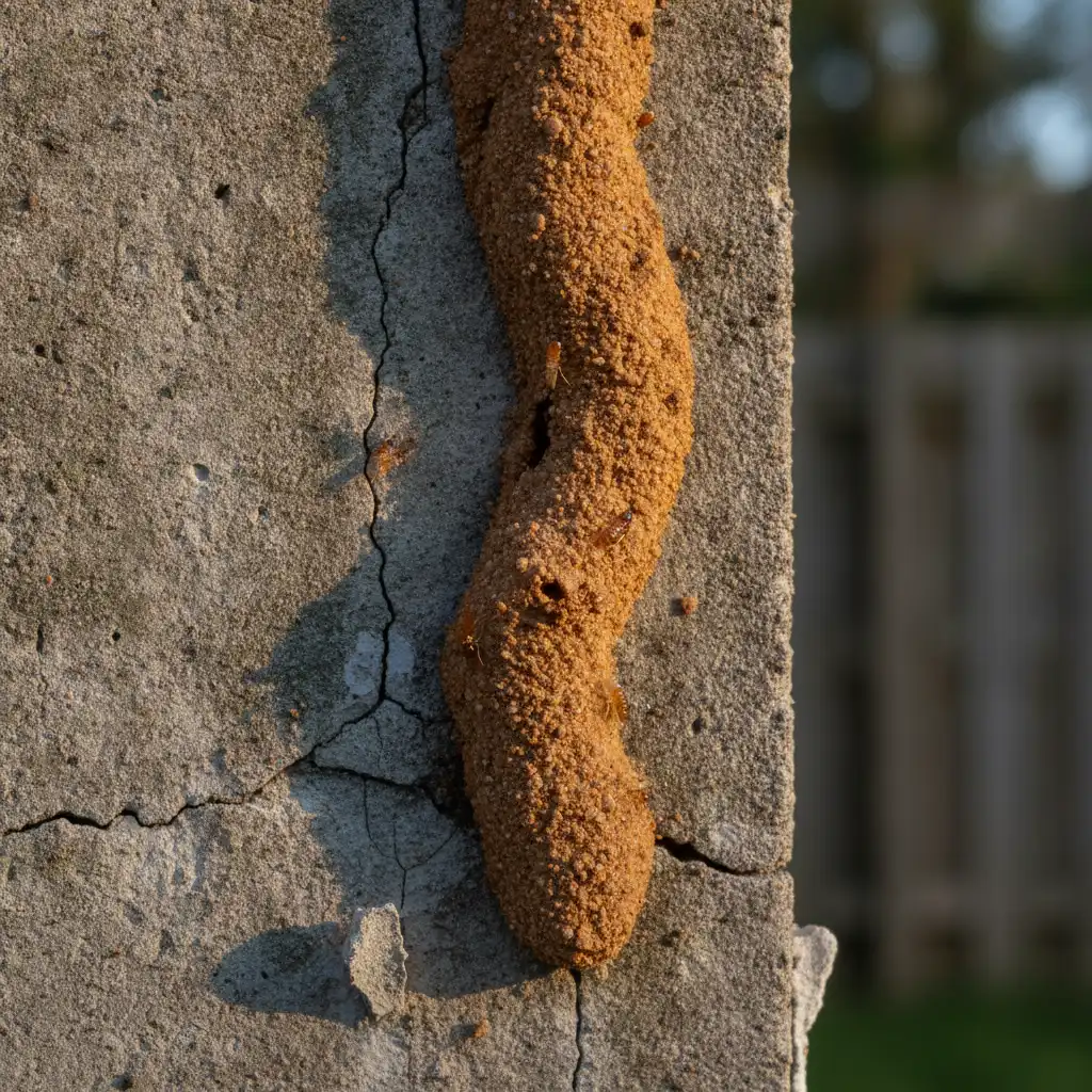 Close-up of a termite mud tube on a concrete foundation demonstrating the importance of exterior yard pest inspections