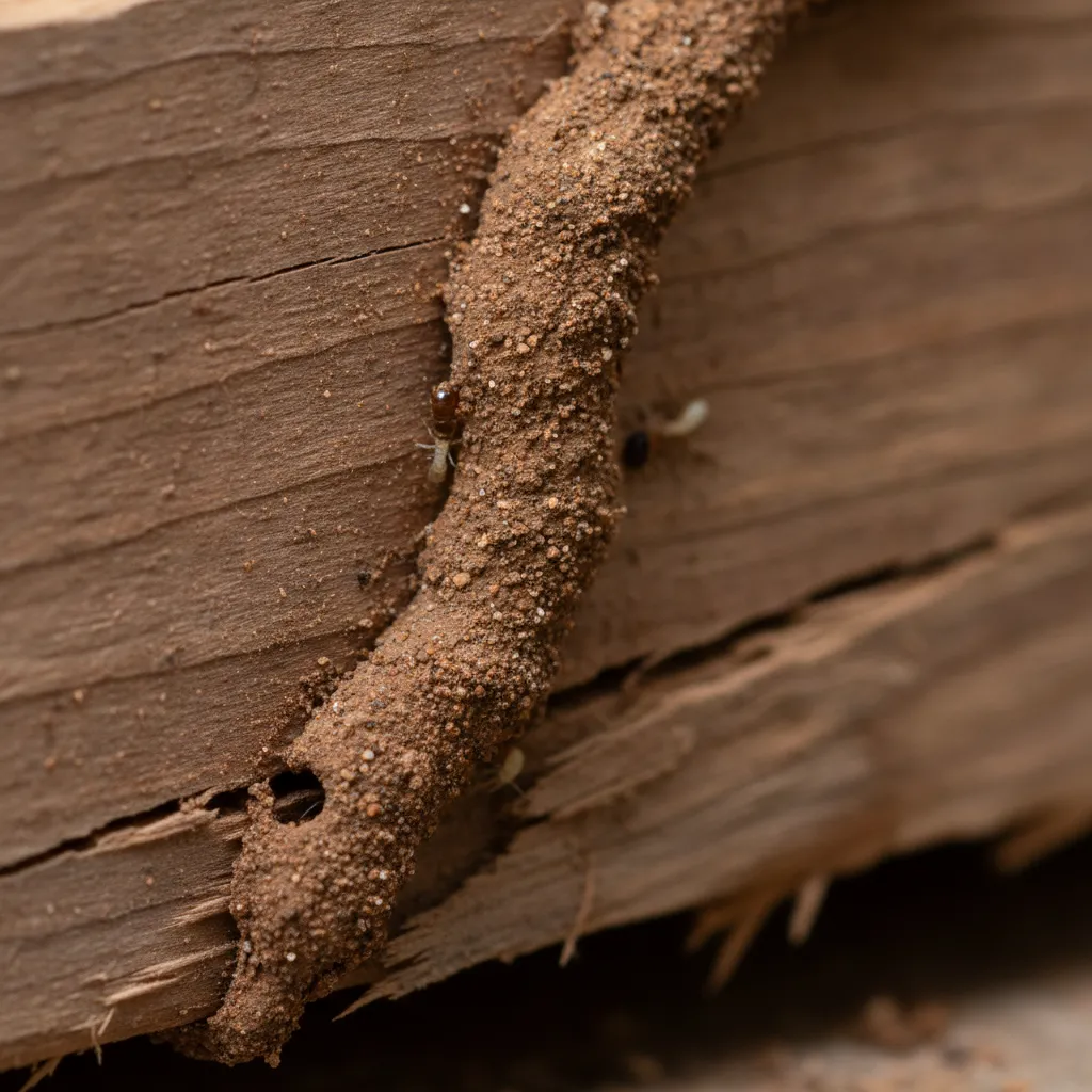 Close up of a termite mud tube on a wooden beam indicating structural pest damage