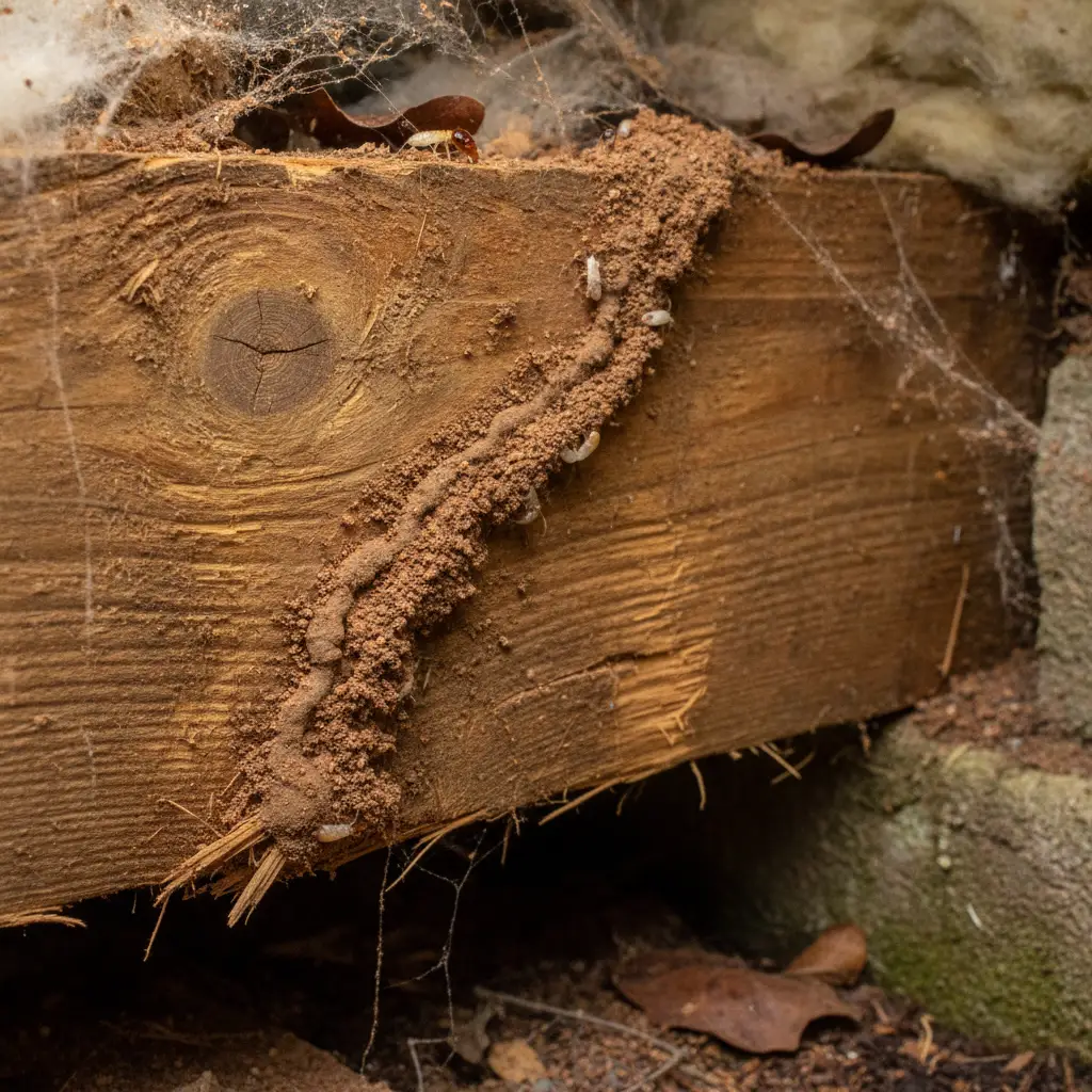 Close-up of a termite mud tube on a wooden beam indicating structural damage