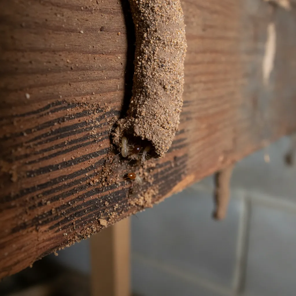 Close-up of a termite mud tube on a wooden foundation beam
