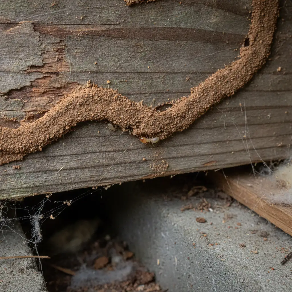 Close up of a termite mud tube on commercial building timber