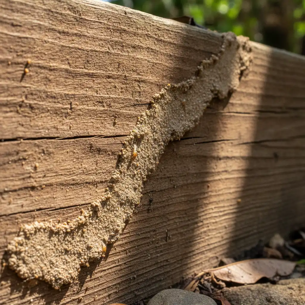 Close-up of a termite mud tube on outdoor wood