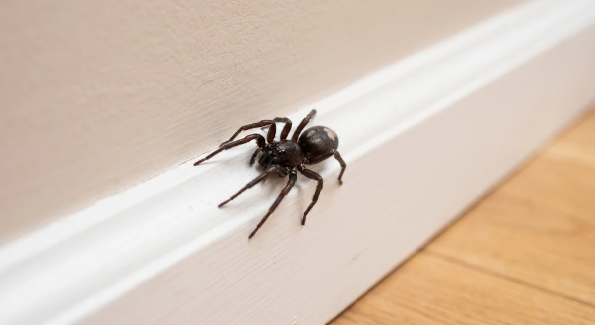 Close up of a White-tail spider indoors on a skirting board