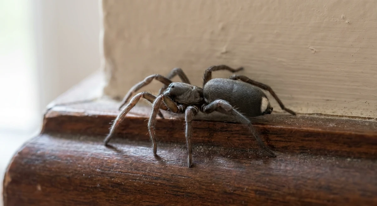 Close-up of a White Tail spider on a residential skirting board in Auckland
