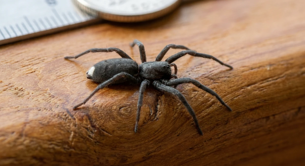 Close-up of a White-tailed spider on a wooden skirting board in an Auckland home