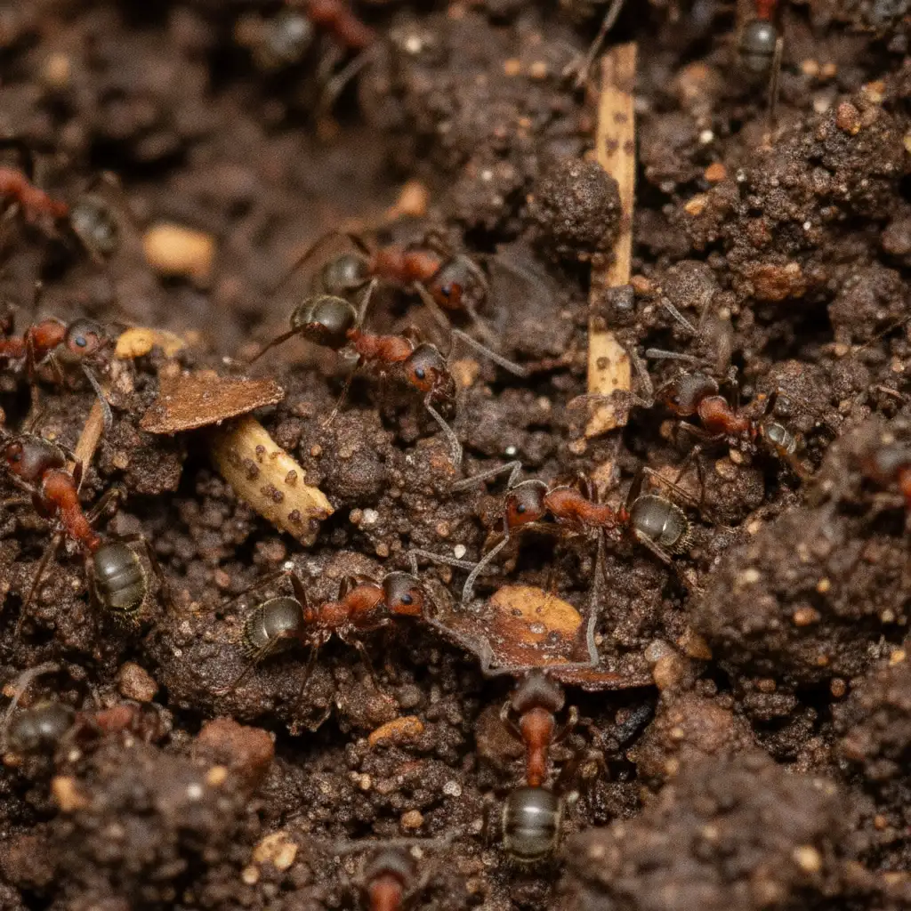 Close up of an active ant colony in the soil demonstrating outdoor nesting behaviors