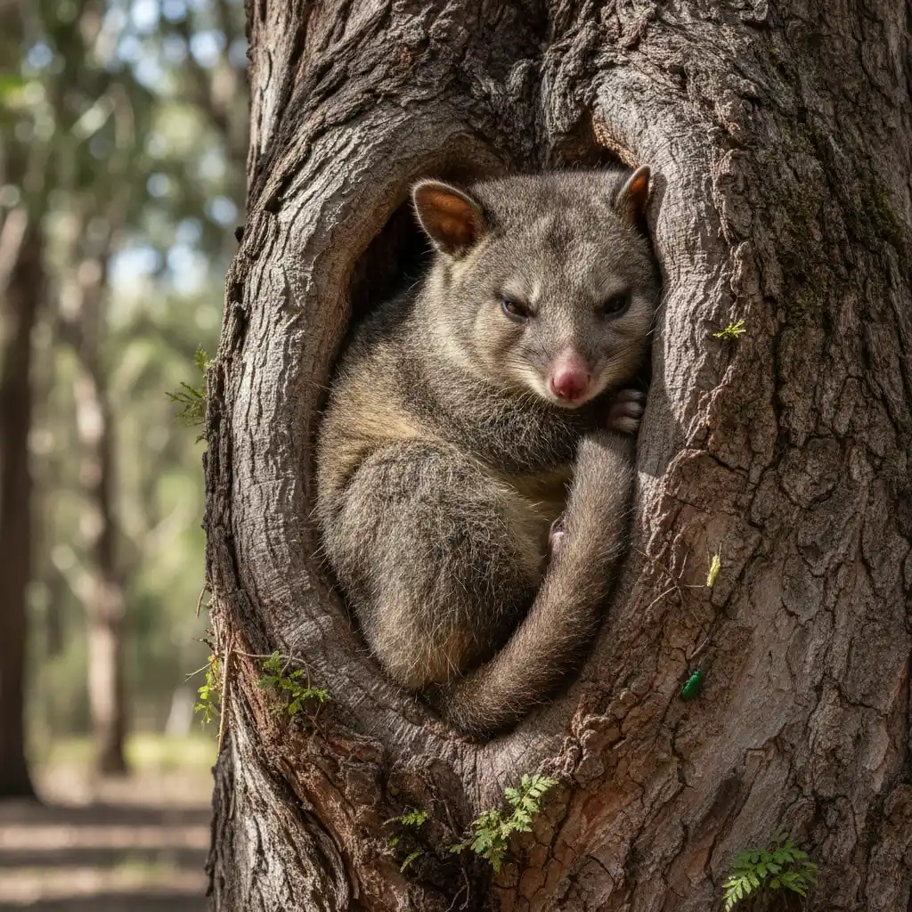 Close up of an Australian brushtail possum in a tree hollow