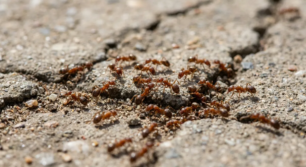 Close up of Argentine ants foraging on a concrete path highlighting the need for fast pest control shipping