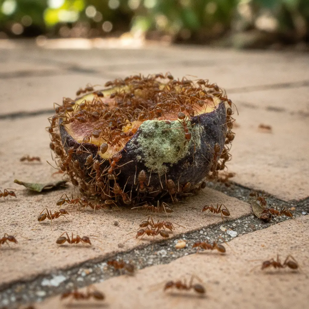 Close-up of Argentine ants swarming fallen fruit in a garden setting