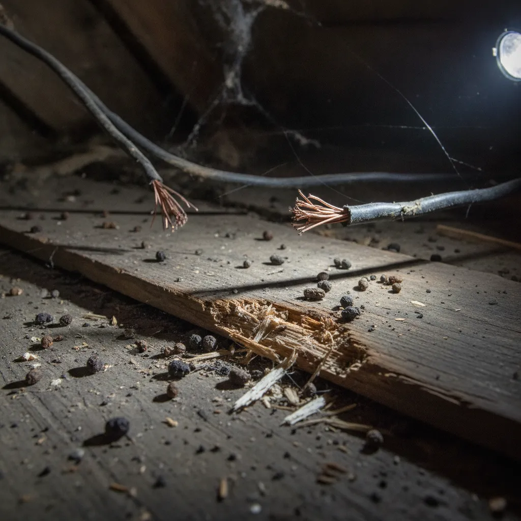 Close-up of dangerous structural rodent damage showing chewed electrical wires and wood