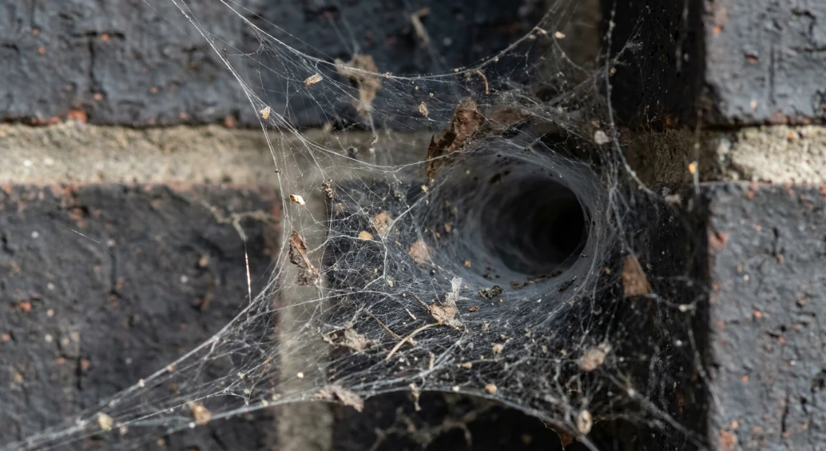 Close-up of dense Black House Spider webs in the corner of a brick window frame