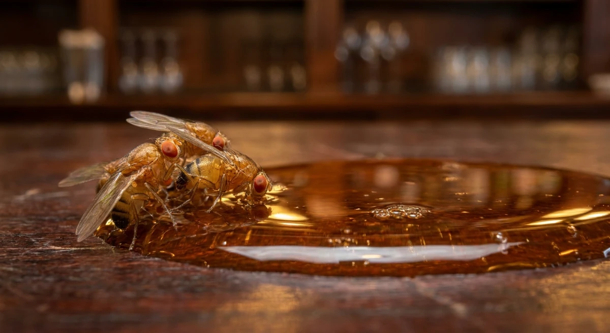 Close up of fruit flies feeding on a fermenting beer spill on a commercial bar counter in Auckland