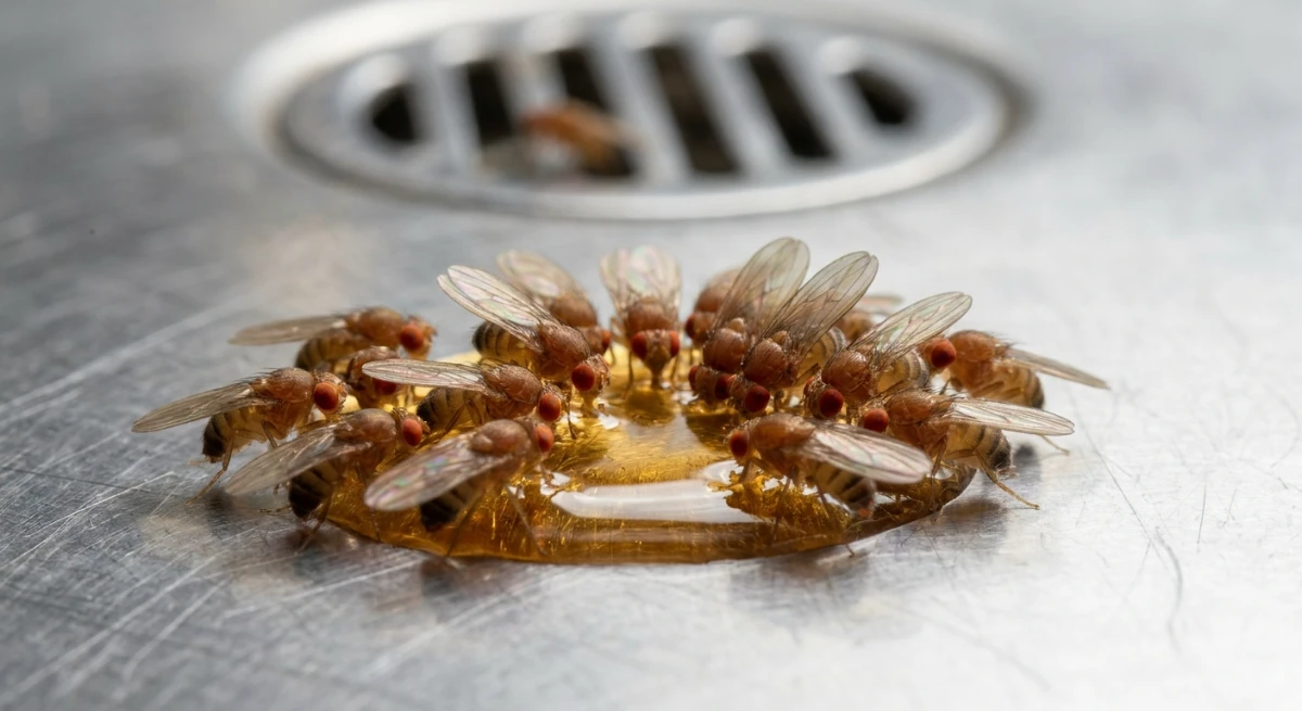 Close up of fruit flies infesting a commercial bar drain area
