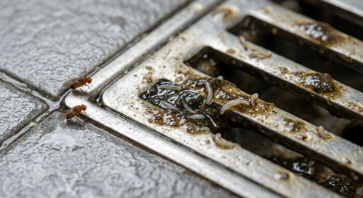 Close up of fruit fly breeding site in a commercial kitchen floor drain