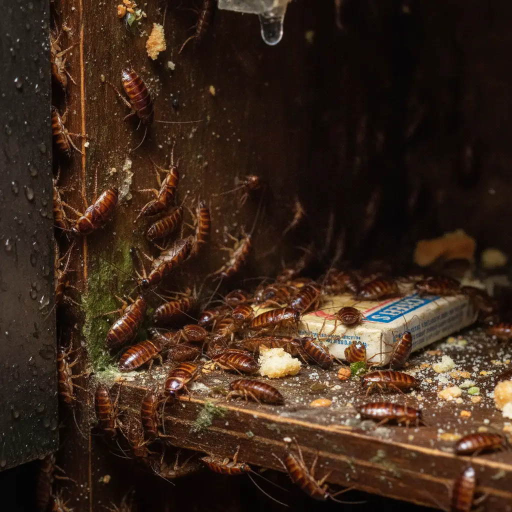 Close up of German cockroaches in a residential cabinet highlighting the need for pest management